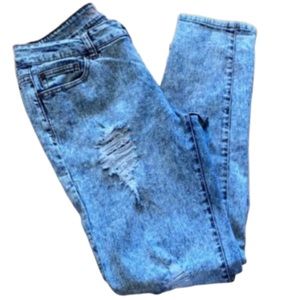 Distressed acid washed denim skinny jeans